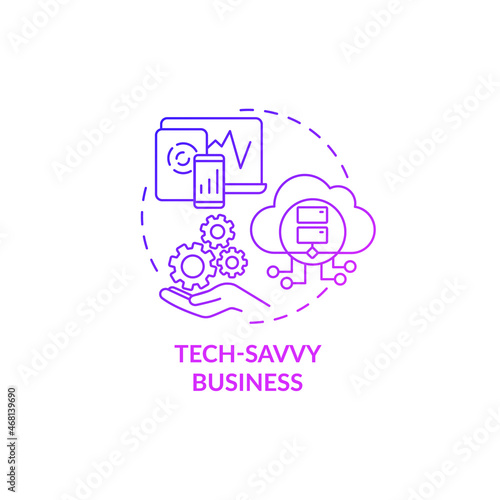 Tech savvy business purple gradient concept icon. Digitally advanced organization. Compant structure. Business model abstract idea thin line illustration. Vector isolated outline color drawing