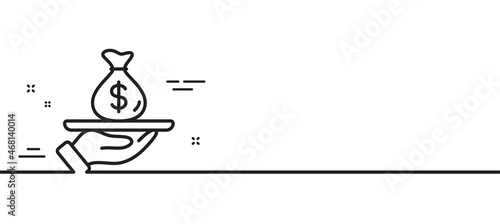 Loan line icon. Business mortgage sign. Money bag on plate symbol. Minimal line illustration background. Loan line icon pattern banner. White web template concept. Vector