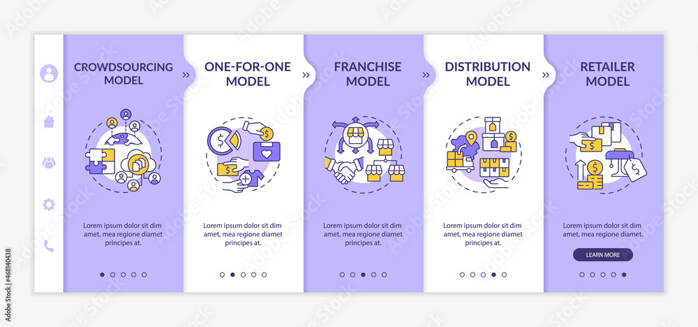 Different business models onboarding vector template. Marketing strategy. Responsive mobile website with icons. Web page walkthrough 5 step screens. Enterprise color concept with linear illustrations