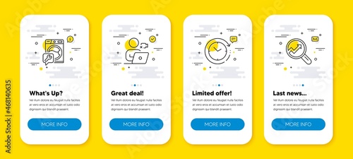 Vector set of Time change, Washing machine and Video conference line icons set. UI phone app screens with line icons. Analytics icon. Clock, Repair service, Online training. Audit analysis. Vector