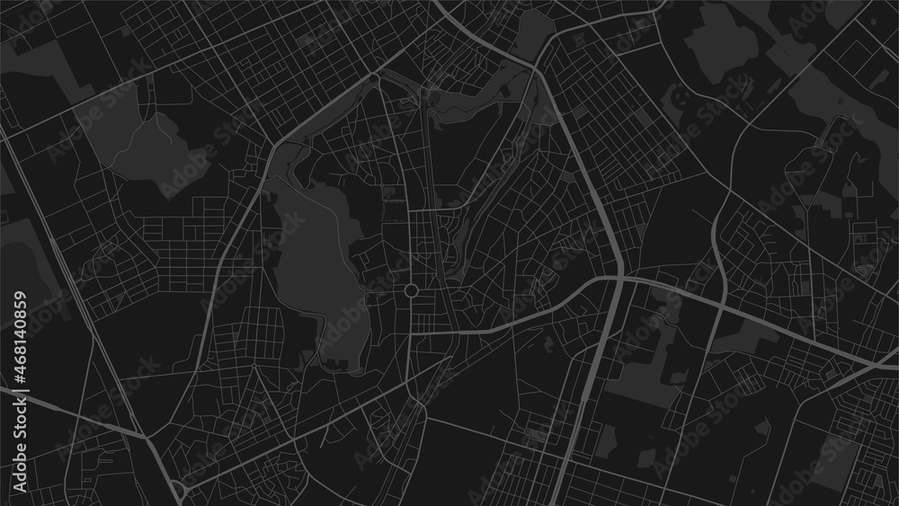 Dark black Suwon City area vector background map, streets and water cartography illustration.