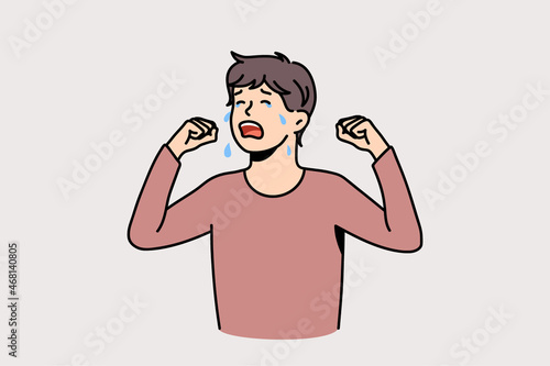Unhappy little teenage boy child crying lack parent attention. Upset ill-behaved naughty teen kid burst into tears. Parenting and childcare problem concept. Childcare. Flat vector illustration.