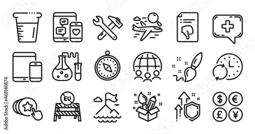 Thumb down, Cooking beaker and Hold heart line icons set. Secure shield and Money currency exchange. Chemistry lab, Spanner tool and Global business icons. Vector