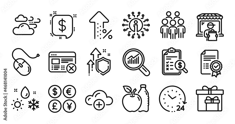 Payment message, Delivery market and Group people line icons set. Secure shield and Money currency exchange. Reject web, Certificate and Apple icons. Vector