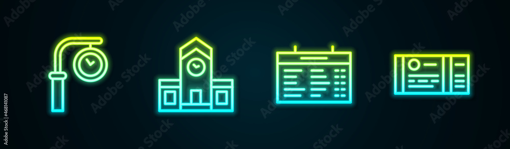 Set line Train station clock, Railway, board and ticket. Glowing neon icon. Vector Set line Train station clock, Railway, board and ticket. Glowing neon icon. Vector