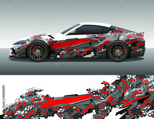 Car wrap vinyl racing decal ornament. Abstract geometric hexagonal camouflage sport background design print template. Vector illustration.