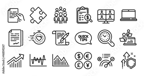 Stock analysis, Timer and Teamwork line icons set. Secure shield and Money currency exchange. Strategy, Accounting report and Notebook icons. Vector