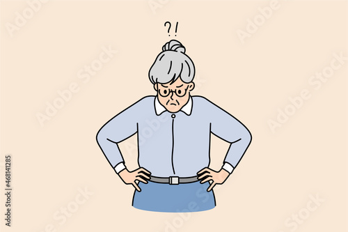 Angry old Caucasian woman teacher feel frustrated confused with school problems. Unhappy mad senior grandmother displeased dissatisfied with life. Maturity concept. Flat vector illustration. 