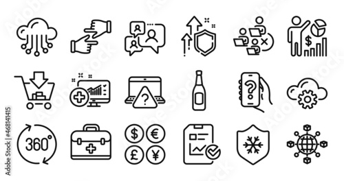Shopping, Cloud computing and Cloud storage line icons set. Secure shield and Money currency exchange. Beer, Clean skin and Report checklist icons. Vector