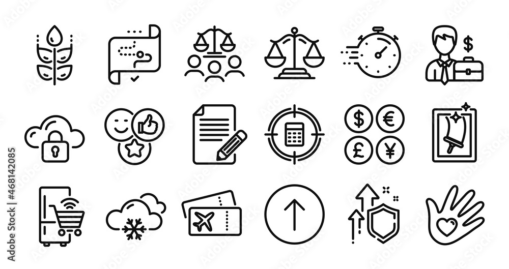 Target path, Justice scales and Calculator target line icons set. Secure shield and Money currency exchange. Refrigerator, Window cleaning and Court jury icons. Vector