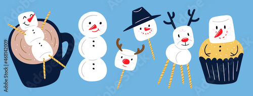 Christmas marshmallow,christmas snowmen in hats. Snow men marshmallow, xmas ,reindeer marshmallow, snowballs, marshmallow and cup of cacao Dessert vector illustration