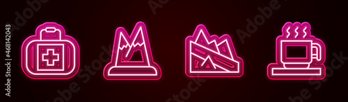 Set line First aid kit, Mountains, descent and Hot chocolate cup. Glowing neon icon. Vector
