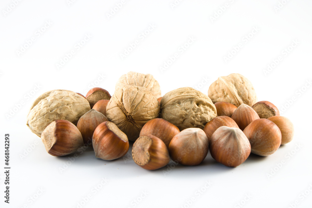 Group of hazelnuts and walnuts isolated on white background with copy space