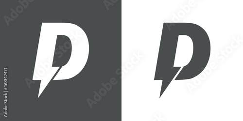 Símbolo energía eléctrica. Logotipo con letra inicial D con forma de relampago en fondo gris y fondo blanco