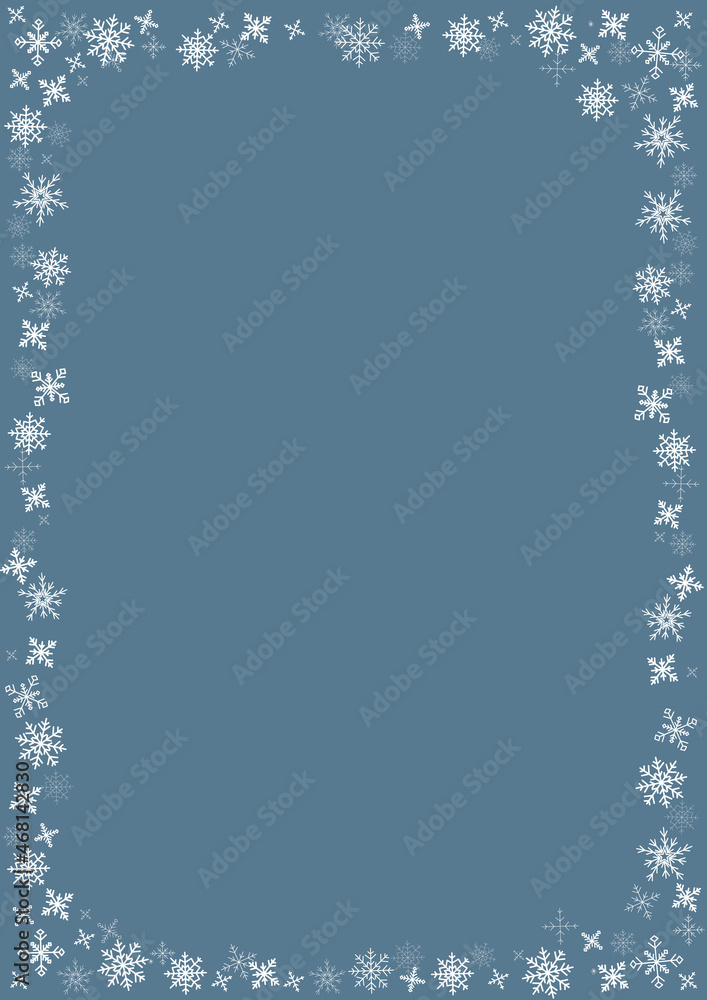 Rectangular frame with white snowflakes on blue background. Template for greeting card, invitation or postcard. Vector illustration in flat style Rectangular frame with white snowflakes on blue background. Template for greeting card, invitation or postcard. Vector illustration in flat style