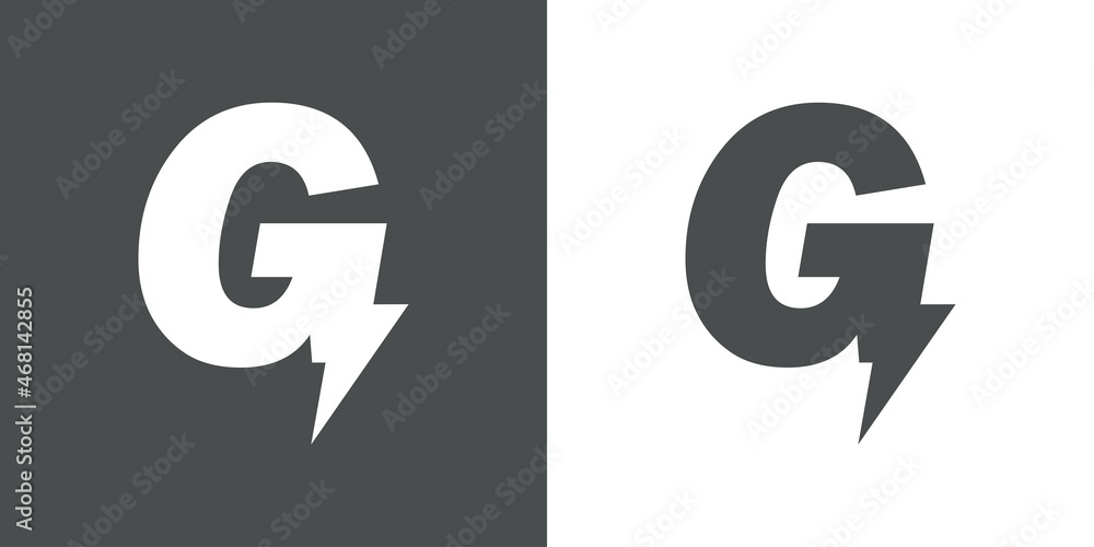 Símbolo energía eléctrica. Logotipo con letra inicial G con forma de relampago en fondo gris y fondo blanco