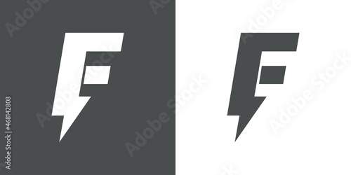 Símbolo energía eléctrica. Logotipo con letra inicial F con forma de relampago en fondo gris y fondo blanco