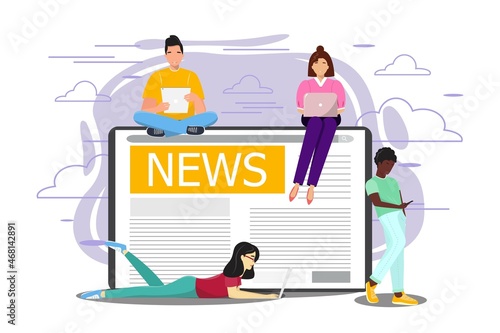 Young modern diverse people reading good news from their devices. Modern media concept illustration with people of different nationalities using their devices.