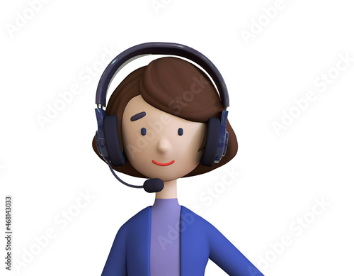 Call center staff talking and provide services to customers via headphones and microphone cable. Call center, customer support, telemarketing agents. Trendy 3d illustration.	