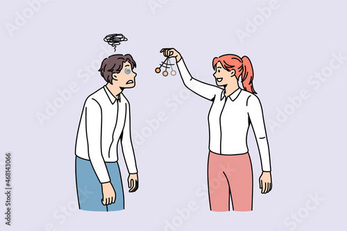 Woman use hypnosis on weak man. Female leader control male colleague or coworker. Businesswoman persuade client or customer. Management and leadership. Manipulation concept. Flat vector illustration. 