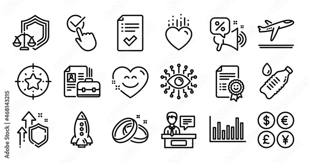 Fototapeta premium Smile, Departure plane and Star target line icons set. Secure shield and Money currency exchange. Heart, Water bottle and Vacancy icons. Vector