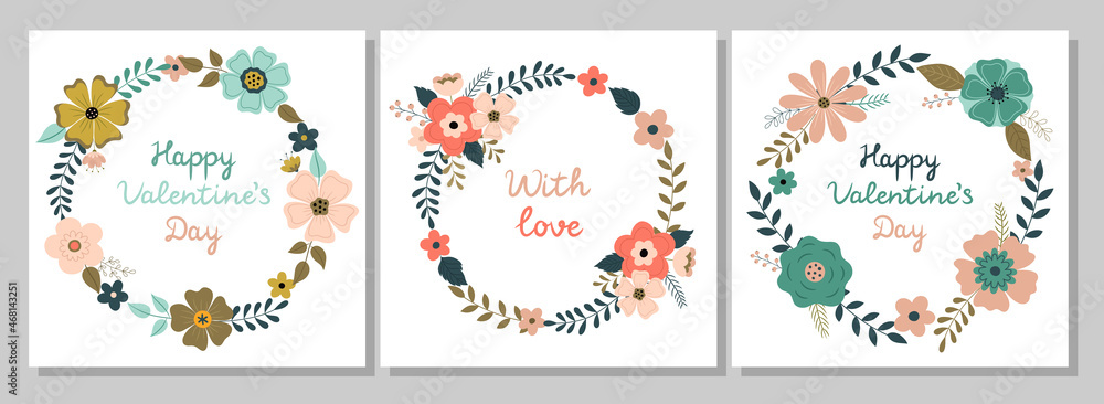 A set of postcards with flower wreaths. Happy Valentine's Day. Vector illustration. Bright spring flowers, plants, branches, leaves. Suitable for greeting cards, postcards, posters, invitations