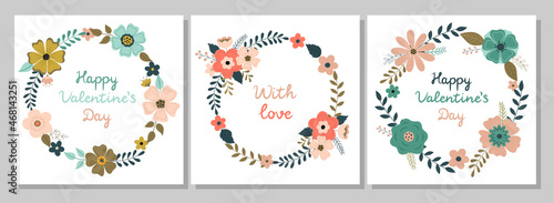 A set of postcards with flower wreaths. Happy Valentine's Day. Vector illustration. Bright spring flowers, plants, branches, leaves. Suitable for greeting cards, postcards, posters, invitations