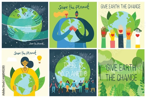 People Characters trying to Save Planet Earth. Global Warming and Climate Change Concept.