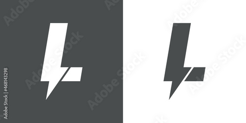 Símbolo energía eléctrica. Logotipo con letra inicial L con forma de relampago en fondo gris y fondo blanco