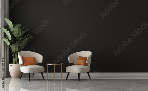 The modern interior design and living room and furniture decoration and black wall background photo