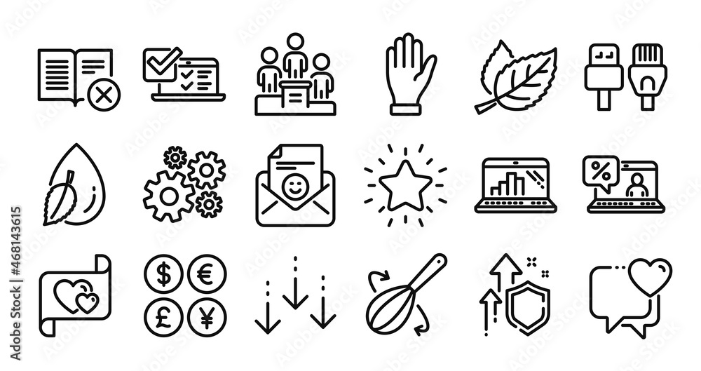 Water drop, Hand and Graph laptop line icons set. Secure shield and Money currency exchange. Business podium, Online survey and Love letter icons. Smile, Computer cables and Leaf signs. Vector Water drop, Hand and Graph laptop line icons set. Secure shield and Money currency exchange. Business podium, Online survey and Love letter icons. Smile, Computer cables and Leaf signs. Vector