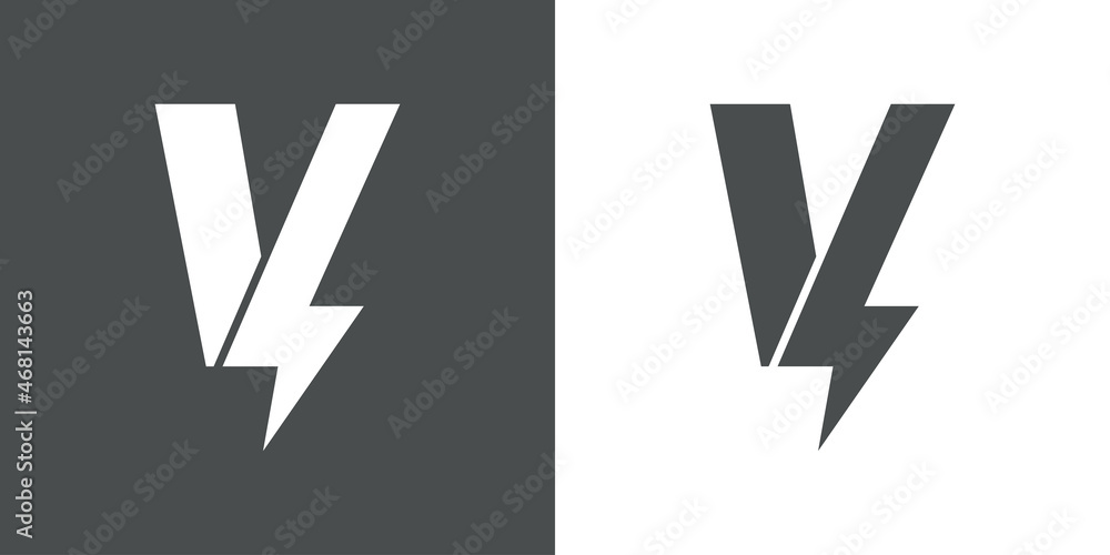 Símbolo energía eléctrica. Logotipo con letra inicial V con forma de relampago en fondo gris y fondo blanco Símbolo energía eléctrica. Logotipo con letra inicial V con forma de relampago en fondo gris y fondo blanco