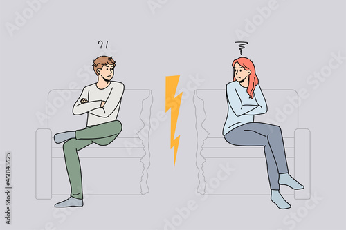 Unhappy stubborn couple sit separate on cut couch have family fight or quarrel. Angry mad man and woman lovers avoid ignore talking. Cheating and breakup, divorce concept. Vector illustration. 