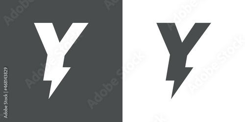 Símbolo energía eléctrica. Logotipo con letra inicial Y con forma de relampago en fondo gris y fondo blanco