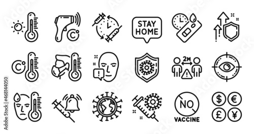Vaccination schedule, No vaccine and Coronavirus line icons set. Secure shield and Money currency exchange. Eye target, Celsius thermometer and Covid test icons. Vector