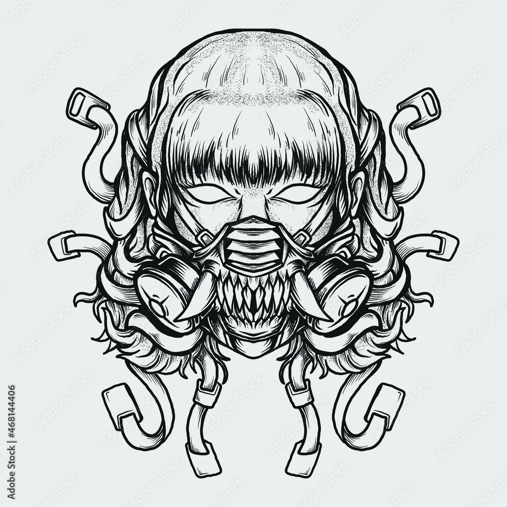 Fototapeta premium tattoo and t shirt design black and white hand drawn women gas mask