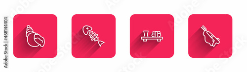 Set line Scallop sea shell, Fish skeleton, Sushi cutting board and Fishing harpoon with long shadow. Red square button. Vector