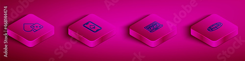 Set Isometric line Game dice, Online poker table game, slot machine with jackpot and Casino chips icon. Vector