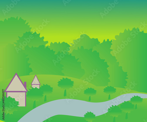 Nature and landscapes. Vector illustration of trees, forest, mountains, flowers, plants, houses, fields, farms and villages. Image for background, card or cover