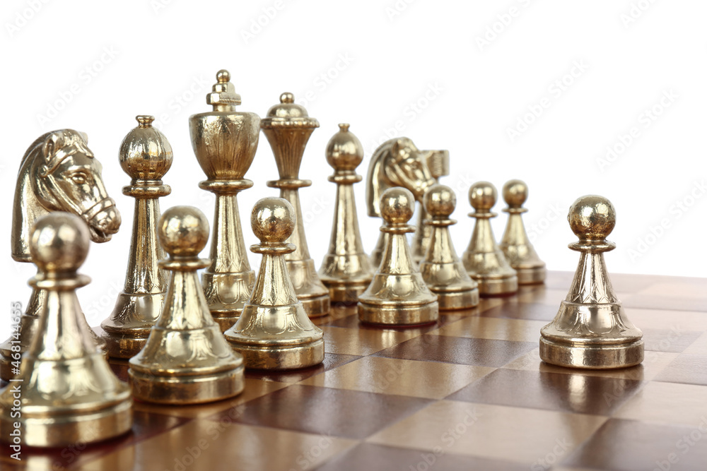 Pawn in front of other chess pieces on wooden board against white background Pawn in front of other chess pieces on wooden board against white background