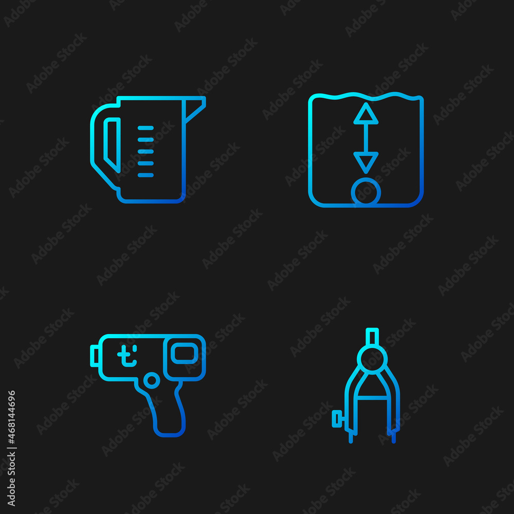 Set line Drawing compass, Digital thermometer, Measuring cup and Depth measurement. Gradient color icons. Vector Set line Drawing compass, Digital thermometer, Measuring cup and Depth measurement. Gradient color icons. Vector