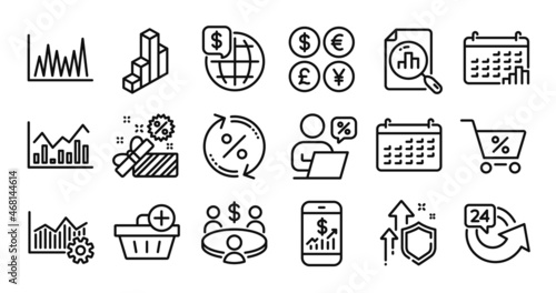 24 hours, Calendar and Line graph line icons set. Secure shield and Money currency exchange. Meeting, Operational excellence and Sale icons. Vector