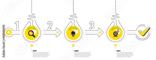 Business Infographic template. Timeline with 3 steps. Workflow process diagram with icons. Research, Idea bulb and Goal target icon. Timeline infograph diagram. Vector