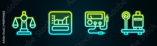 Set line Scales of justice, Graph, schedule, chart, diagram, Multimeter, voltmeter and with suitcase. Glowing neon icon. Vector