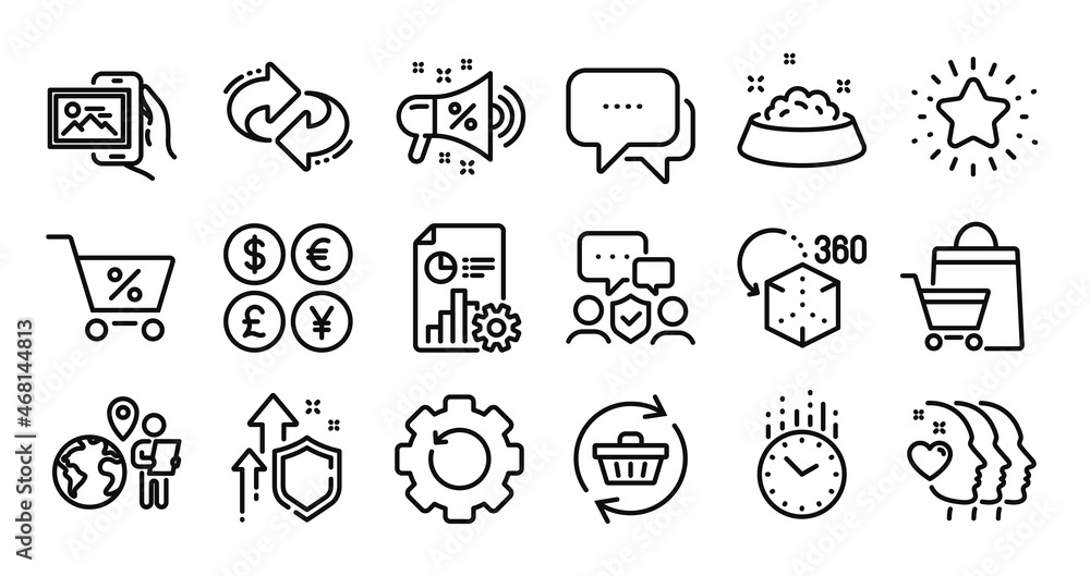 Special offer, Sale megaphone and Report line icons set. Secure shield and Money currency exchange. Augmented reality, Refresh cart and Outsource work icons. Vector