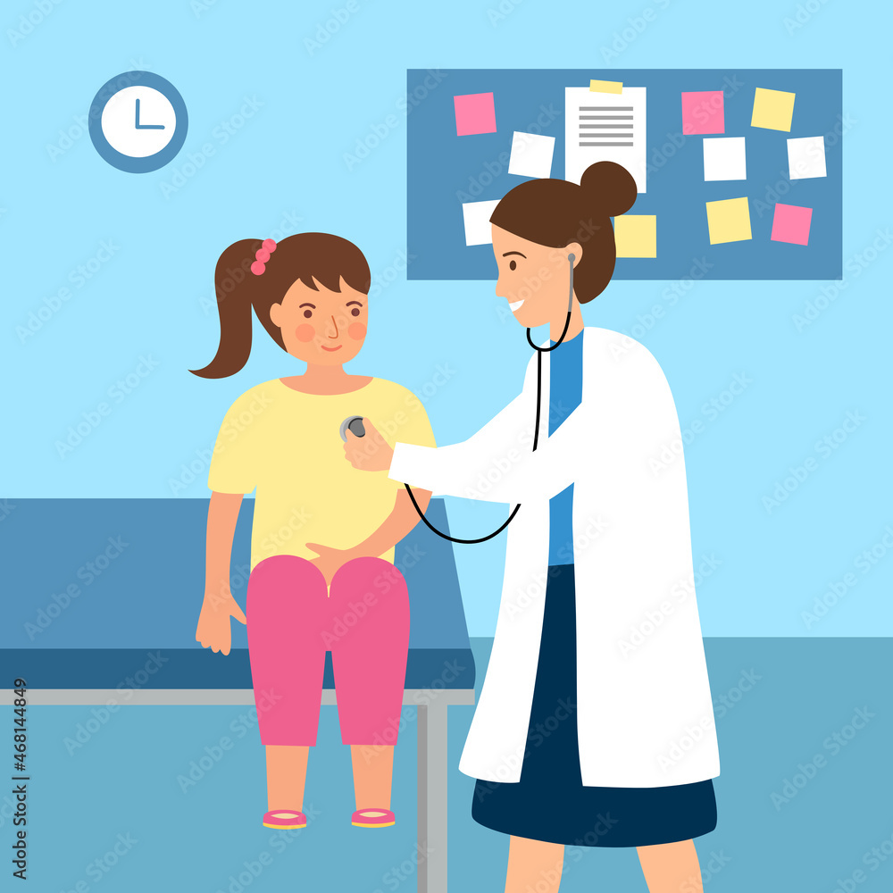 Girl child get health checkup at hospital in flat design. Annual health check for kids. Doctor examining girl patient. Girl child get health checkup at hospital in flat design. Annual health check for kids. Doctor examining girl patient.