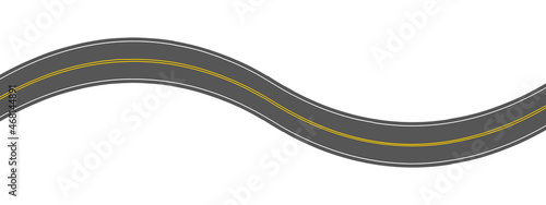 Empty winding asphalt road with marking. Horizontal aerial view. Seamless highway template. Element of street roadway isolated on white background. Vector flat illustration.