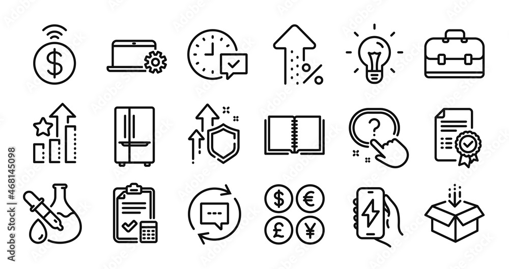 Portfolio, Contactless payment and Charging app line icons set. Secure shield and Money currency exchange. Refrigerator, Idea and Get box icons. Vector Portfolio, Contactless payment and Charging app line icons set. Secure shield and Money currency exchange. Refrigerator, Idea and Get box icons. Vector