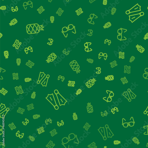 Set line Pineapple, Rubber flippers for swimming and Glasses on seamless pattern. Vector