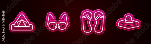 Set line Tourist tent, Glasses, Flip flops and Elegant women hat. Glowing neon icon. Vector